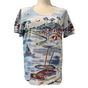 Coastal Print Short-Sleeve Scoop-Neck Womens Top Southern Lady Size Small